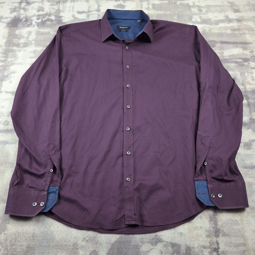 Bugatchi Morgan Shaped Fit Shirt Mens Large L Blue Burgundy Woven Cotton Luxury